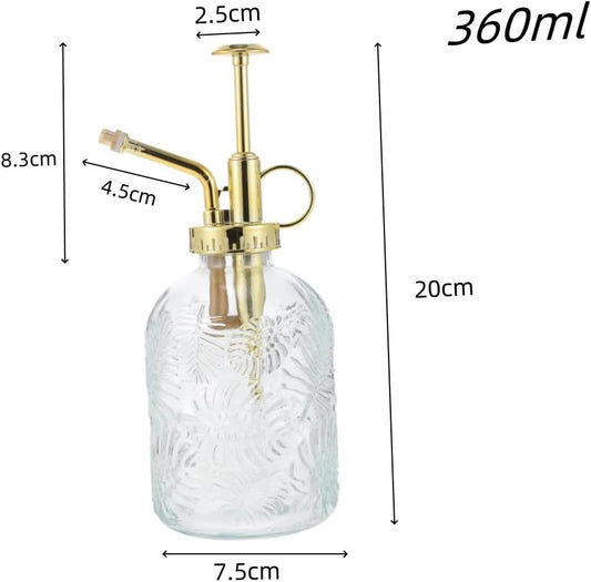 360ml Glass Pump Plant Mister Plant Spray Bottle,20cm Tall Vintage Style Spritzer,One Hand Succulent Watering Bottle with,Small Watering Can for Indoor Outdoor House Plant Clear+Gold