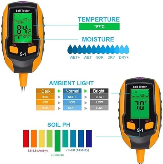 Soil Moisture Meter, 4-in-1 Soil PH Meter, Soil Tester, Digital Soil PH Tester with Light/PH/Temperatur