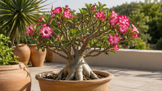 Sunlit patio with blooming desert rose