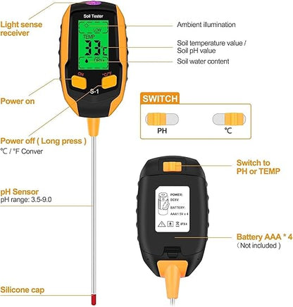 Soil Moisture Meter, 4-in-1 Soil PH Meter, Soil Tester, Digital Soil PH Tester with Light/PH/Temperatur