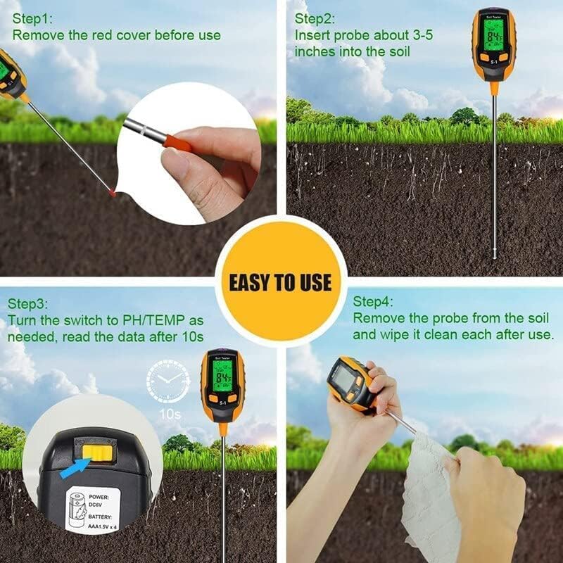 Soil Moisture Meter, 4-in-1 Soil PH Meter, Soil Tester, Digital Soil PH Tester with Light/PH/Temperatur