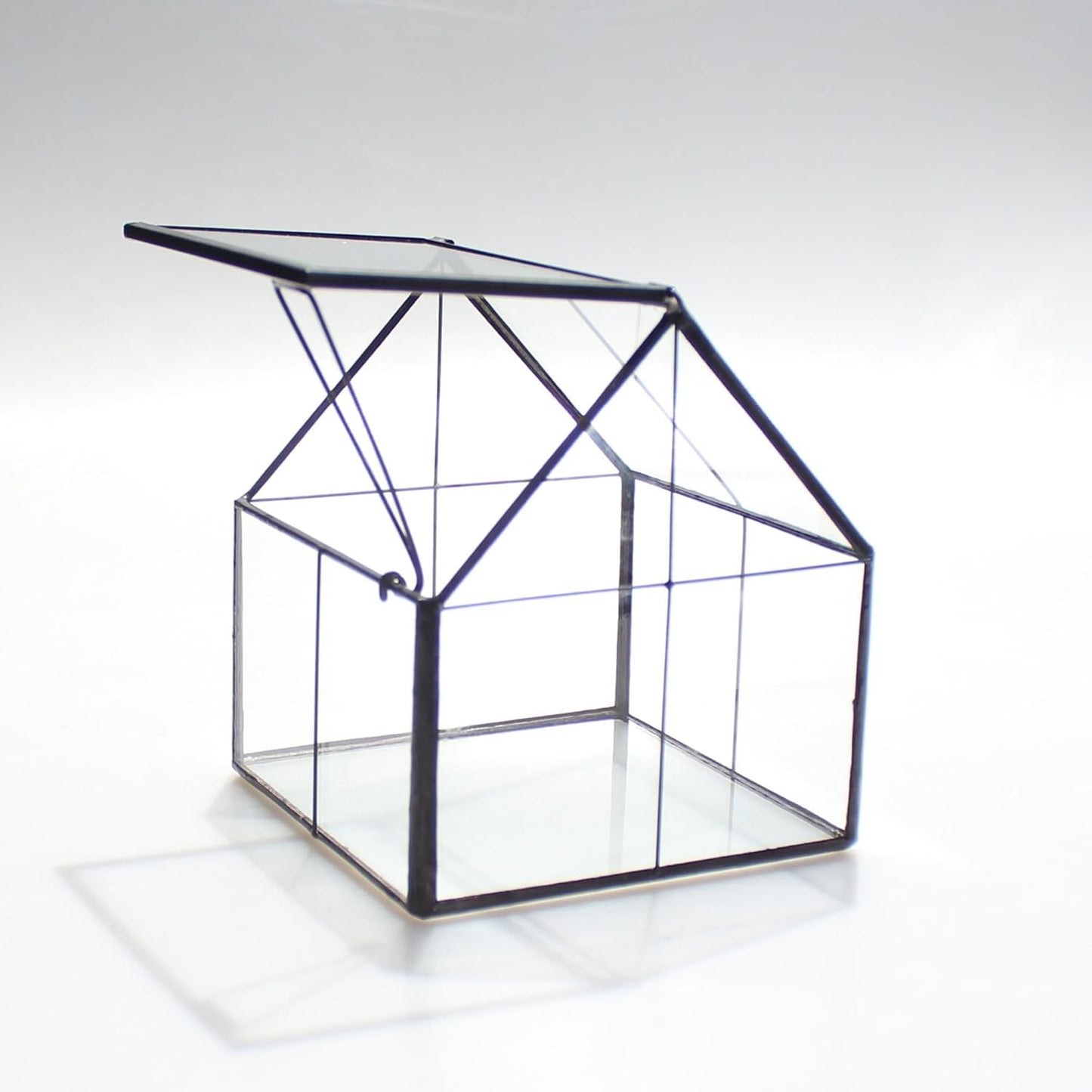 NCYP Mini Glass Geometric Terrarium with Lid - 4.25" x 4.25" x 4.92" Small House Shape Close Planter Pot for Succulents Plant - Handmade, Home Garden Office Tabletop Decor, Black (Terrarium Only)