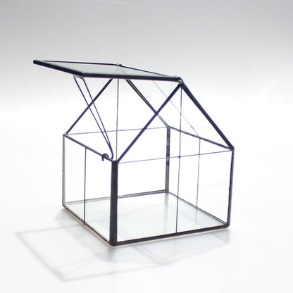 NCYP Mini Glass Geometric Terrarium with Lid - 4.25" x 4.25" x 4.92" Small House Shape Close Planter Pot for Succulents Plant - Handmade, Home Garden Office Tabletop Decor, Black (Terrarium Only)