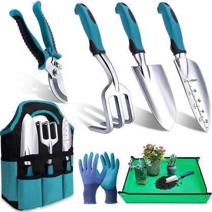 JIUSEGE 7 Piece Garden Tools Set – Heavy Duty Gardening Hand Tools with Rust-Proof Stainless Steel & Aluminum Alloy – Ideal Gardening Supplies Kit