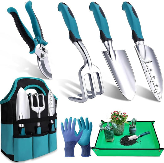 JIUSEGE 7 Piece Garden Tools Set – Heavy Duty Gardening Hand Tools with Rust-Proof Stainless Steel & Aluminum Alloy – Ideal Gardening Supplies Kit