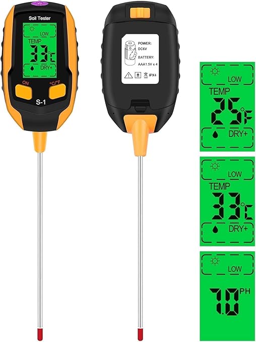 Soil Moisture Meter, 4-in-1 Soil PH Meter, Soil Tester, Digital Soil PH Tester with Light/PH/Temperatur