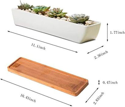 11inch Long Rectangle White Ceramic Succulent Planter Pots/Mini Flower Plant Containers with Bamboo Saucers. Product Size:11x2.36x1.77inch,not Include The Plant. (Long Rectangle)