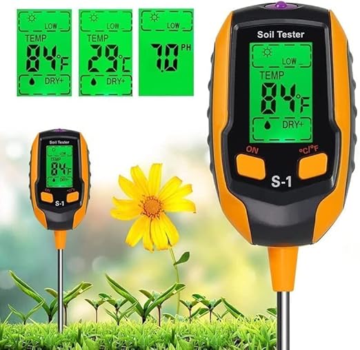 Soil Moisture Meter, 4-in-1 Soil PH Meter, Soil Tester, Digital Soil PH Tester with Light/PH/Temperatur