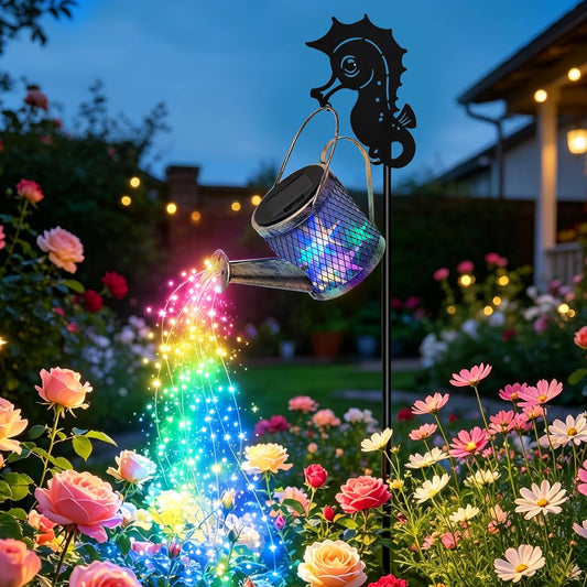 Seahorse Solar Watering Can Light – Colorful Outdoor Waterproof Hanging Garden Lantern for Patio, Lawn, Yard, Porch & Backyard, LED Landscape Lighting